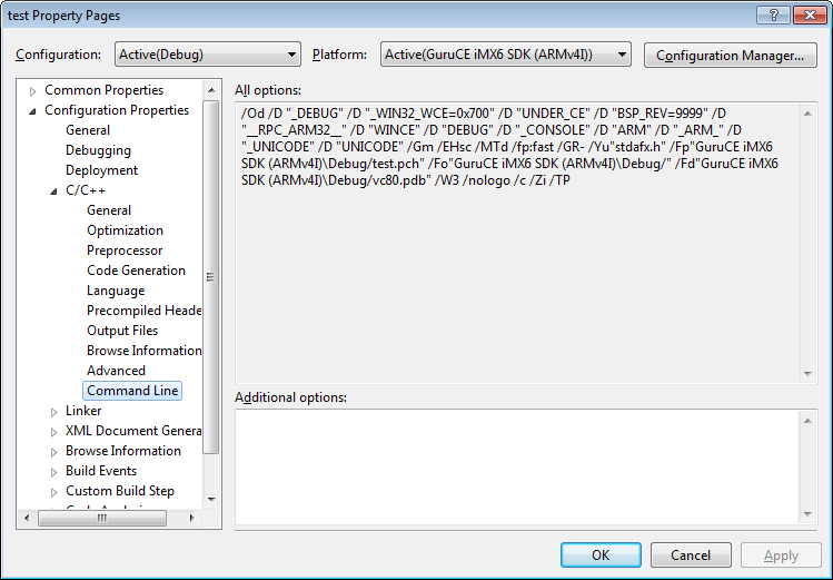 Test application compiler options